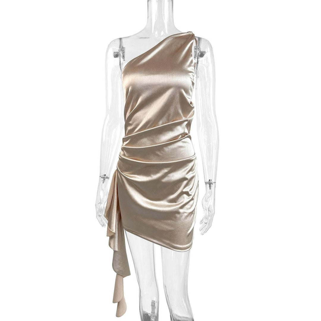 Damen Asymmetrischer Einschulter-Cocktailkleid Drapiertes Satinkleid