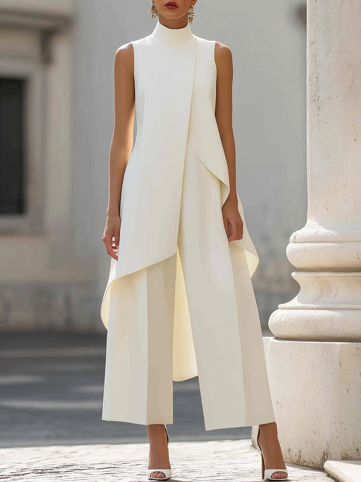 Damen Asymmetrisches High-Neck Marlene-Hosen-Set - White