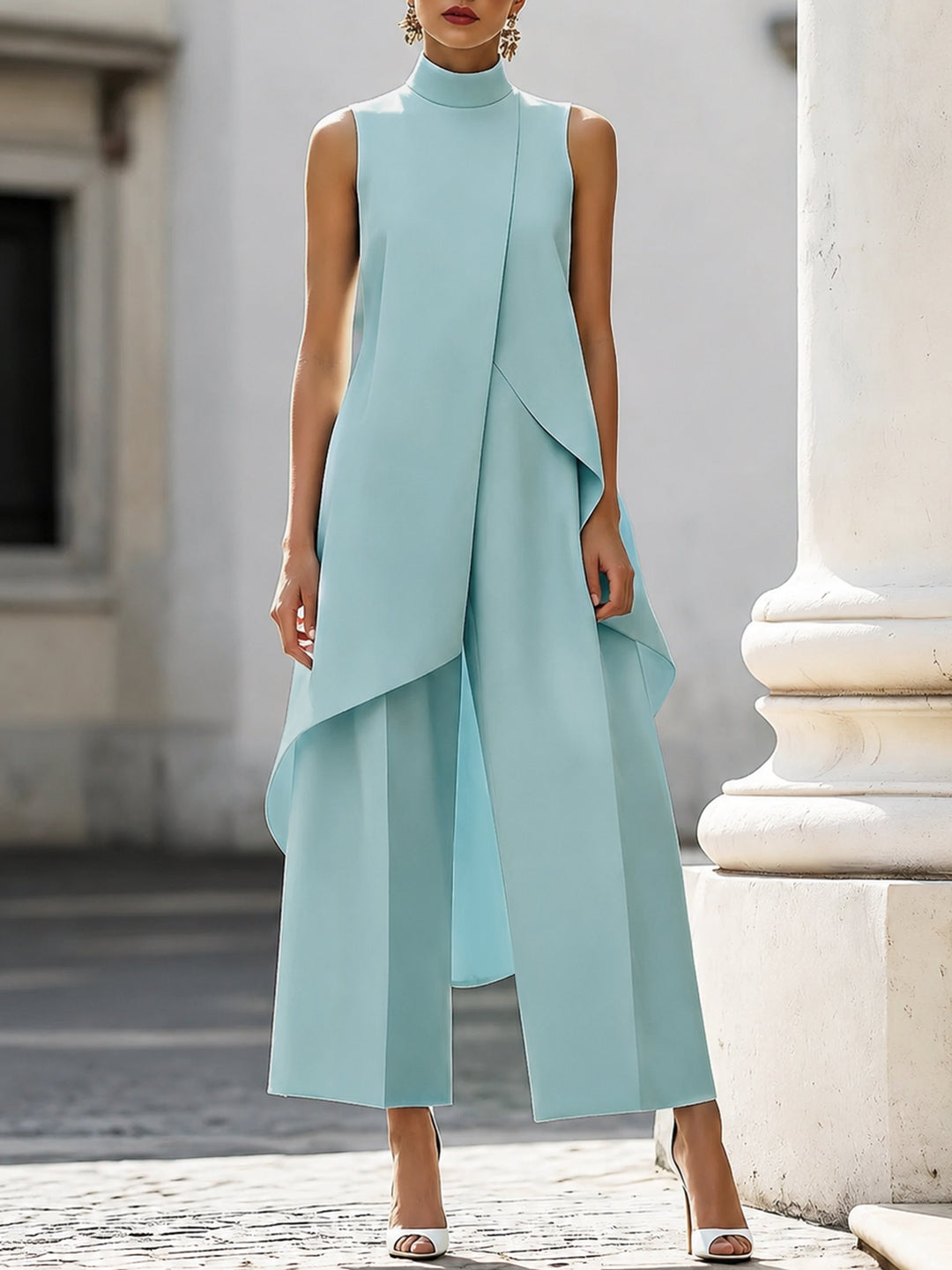 Damen Asymmetrisches High-Neck Marlene-Hosen-Set - Sky Blue