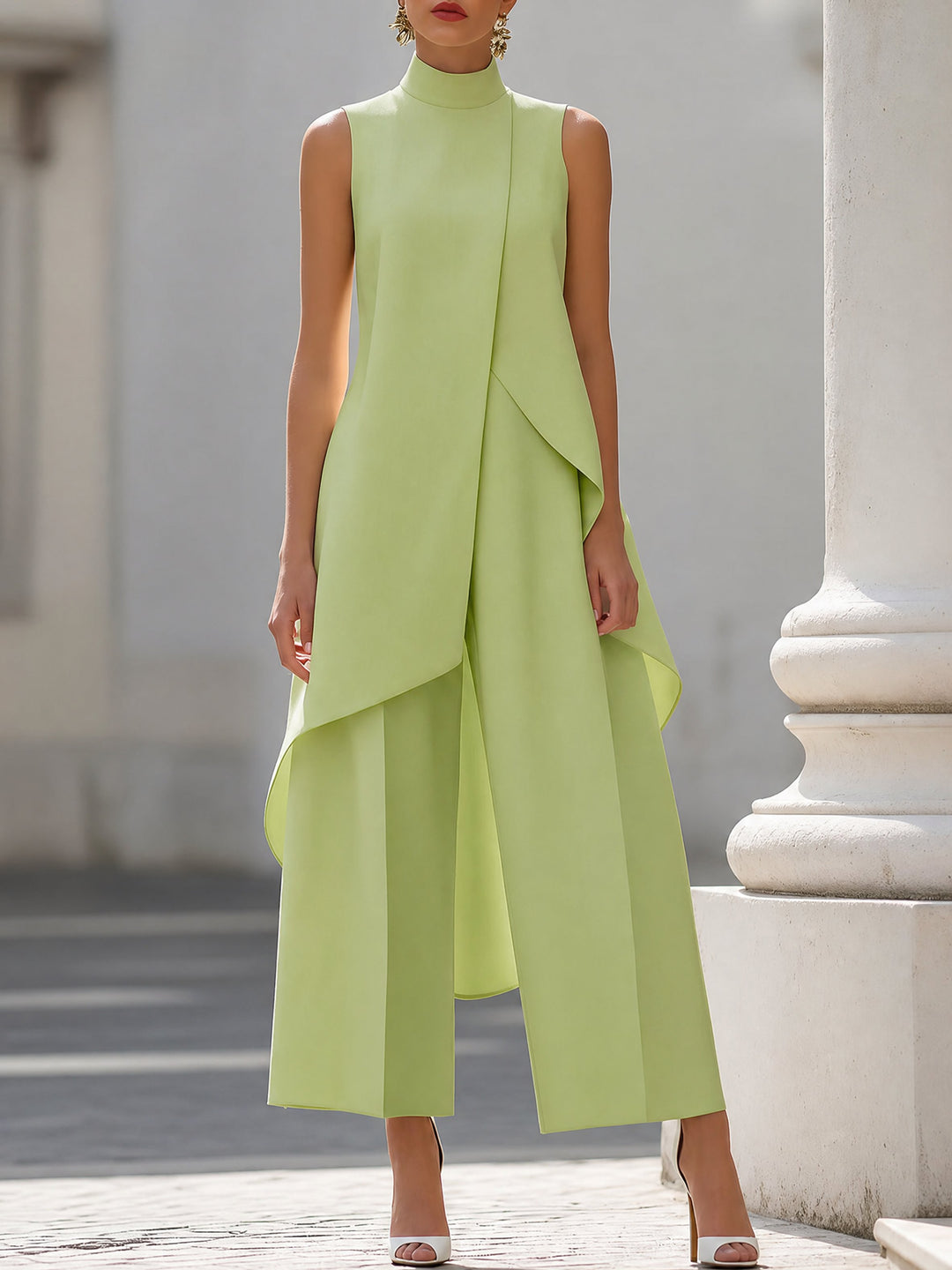 Damen Asymmetrisches High-Neck Marlene-Hosen-Set - Daiquiri Green
