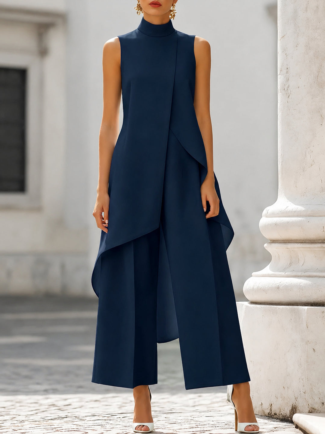 Damen Asymmetrisches High-Neck Marlene-Hosen-Set - Navy Blue