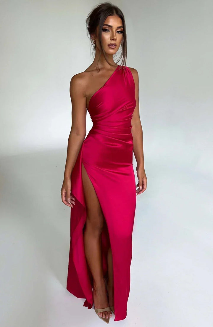 Damen Asymmetrisches One-Shoulder Satin Maxi-Abendkleid mit Beinschlitz - Red