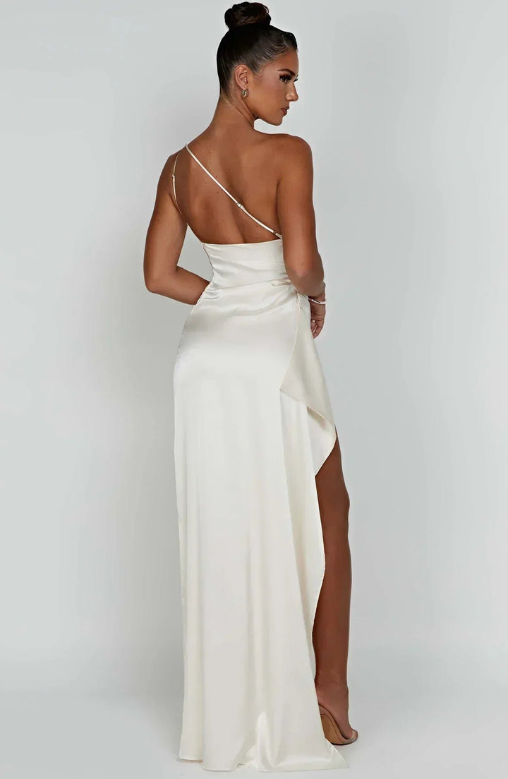 Damen Asymmetrisches One-Shoulder Satin Maxi-Abendkleid mit Beinschlitz