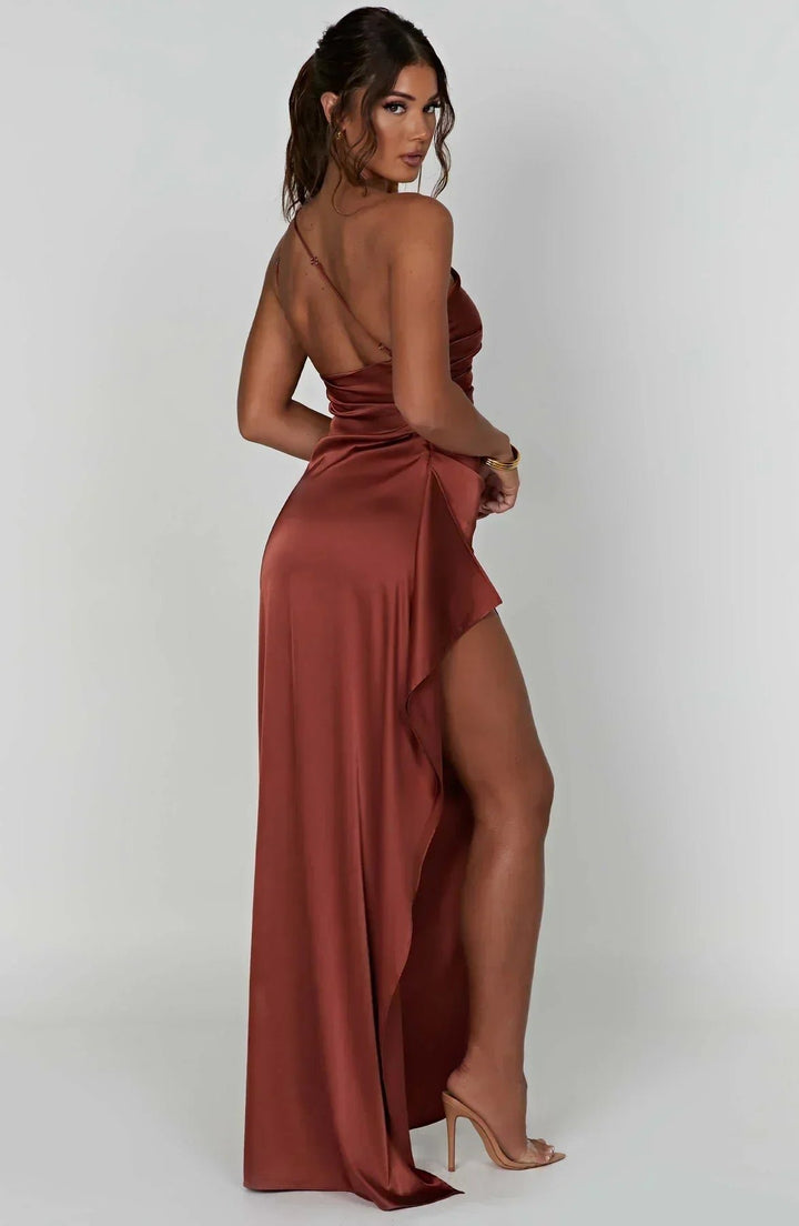 Damen Asymmetrisches One-Shoulder Satin Maxi-Abendkleid mit Beinschlitz