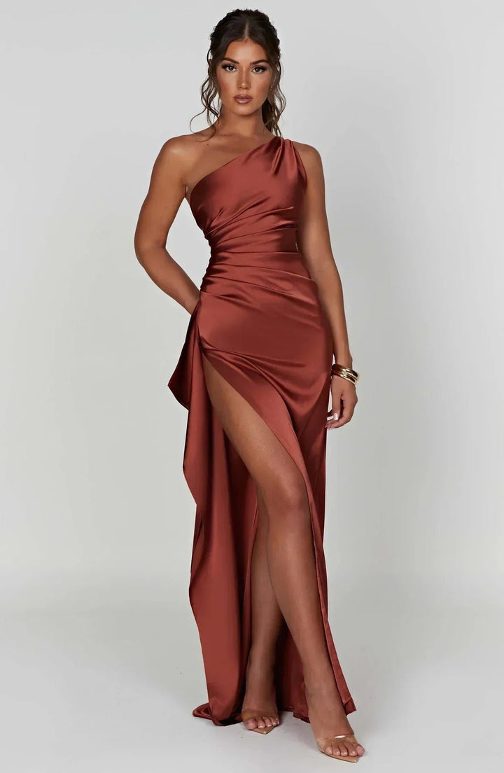 Damen Asymmetrisches One-Shoulder Satin Maxi-Abendkleid mit Beinschlitz - Rust Brown