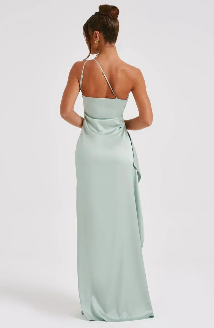 Damen Asymmetrisches One-Shoulder Satin Maxi-Abendkleid mit Beinschlitz
