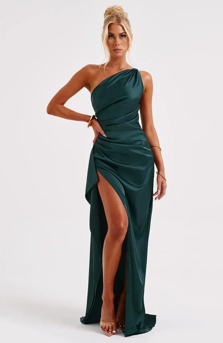 Damen Asymmetrisches One-Shoulder Satin Maxi-Abendkleid mit Beinschlitz - Dark Teal Green