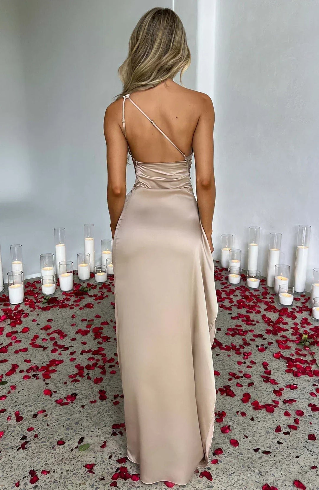 Damen Asymmetrisches One-Shoulder Satin Maxi-Abendkleid mit Beinschlitz