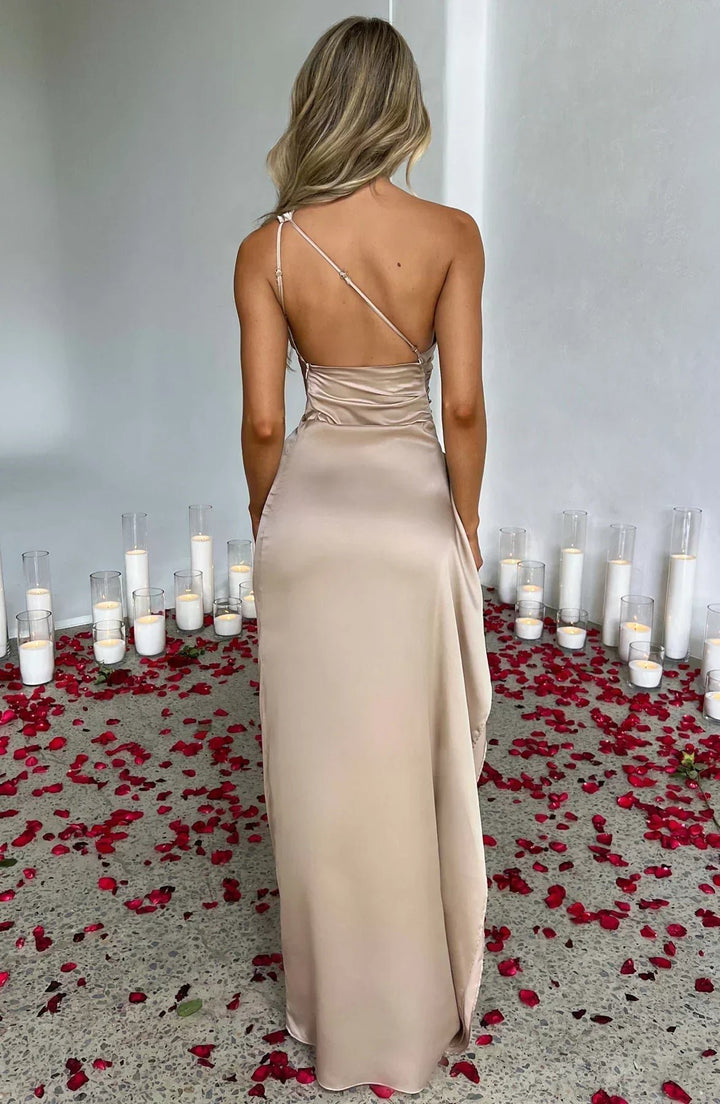 Damen Asymmetrisches One-Shoulder Satin Maxi-Abendkleid mit Beinschlitz