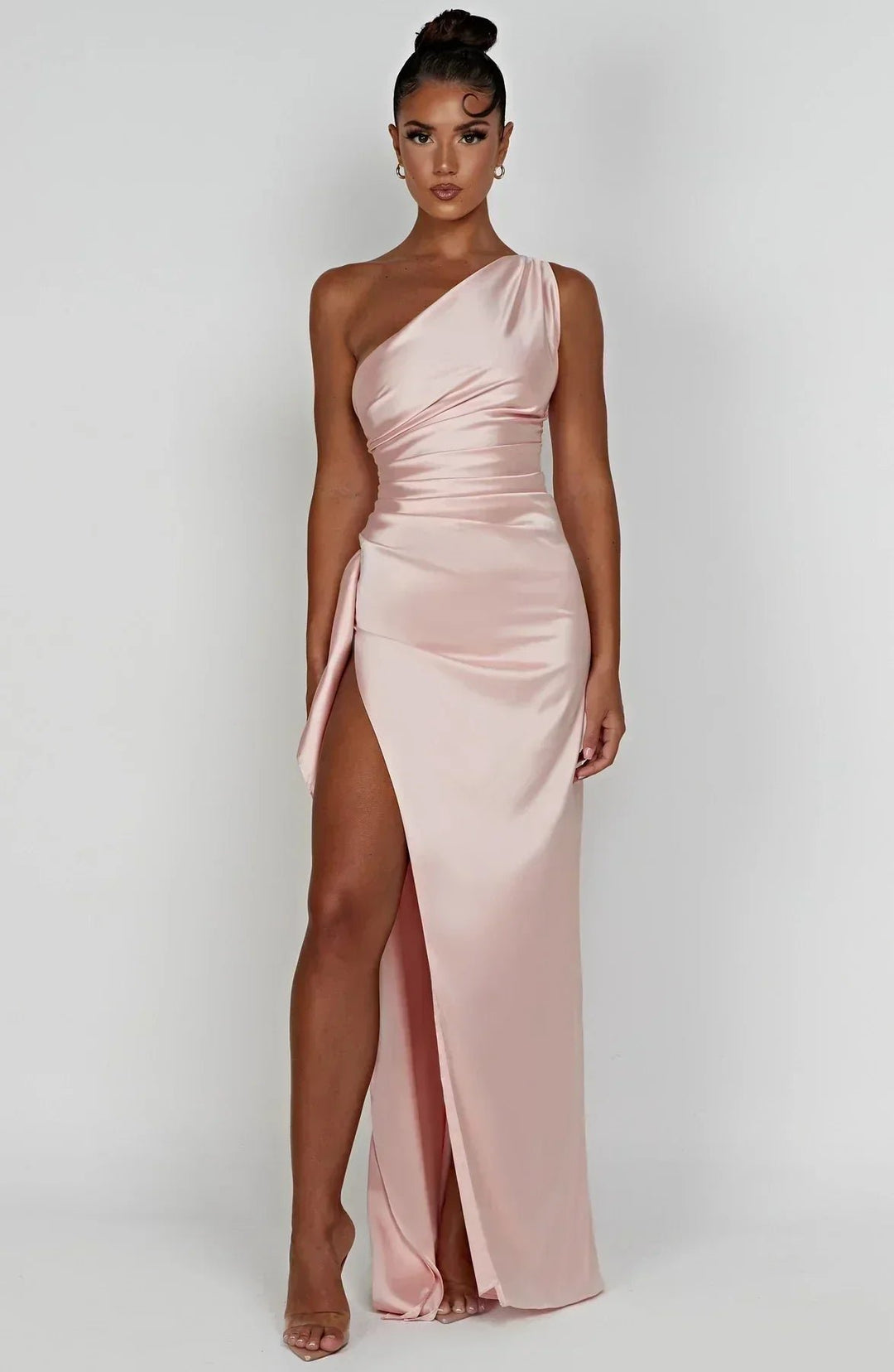 Damen Asymmetrisches One-Shoulder Satin Maxi-Abendkleid mit Beinschlitz - Pink