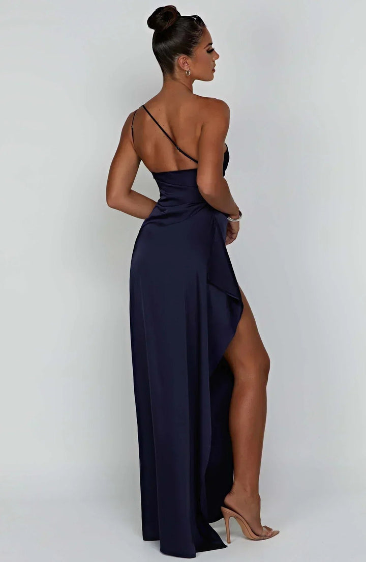 Damen Asymmetrisches One-Shoulder Satin Maxi-Abendkleid mit Beinschlitz
