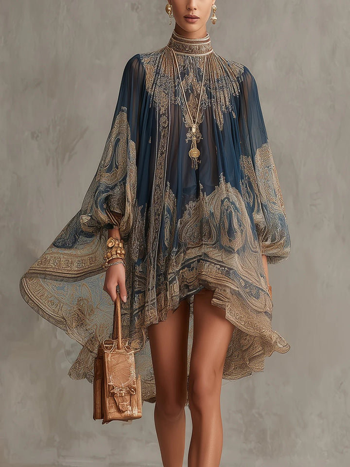 Damen Barock Chiffon Hochkragen Minikleid mit weiten Ärmeln - Navy
