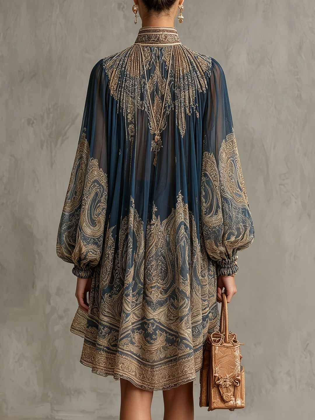 Damen Barock Chiffon Hochkragen Minikleid mit weiten Ärmeln