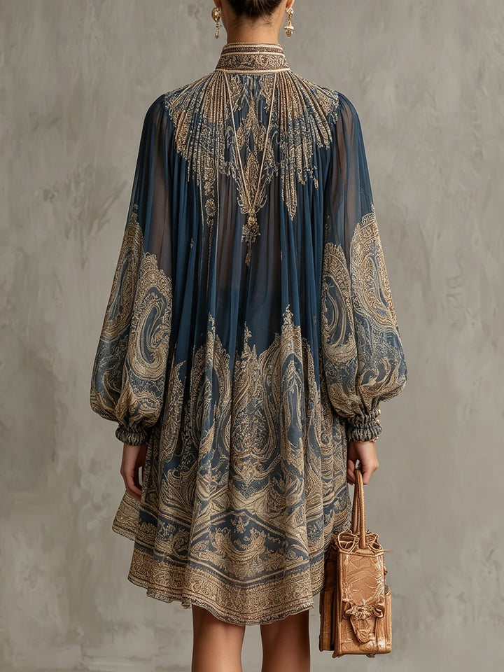 Damen Barock Chiffon Hochkragen Minikleid mit weiten Ärmeln