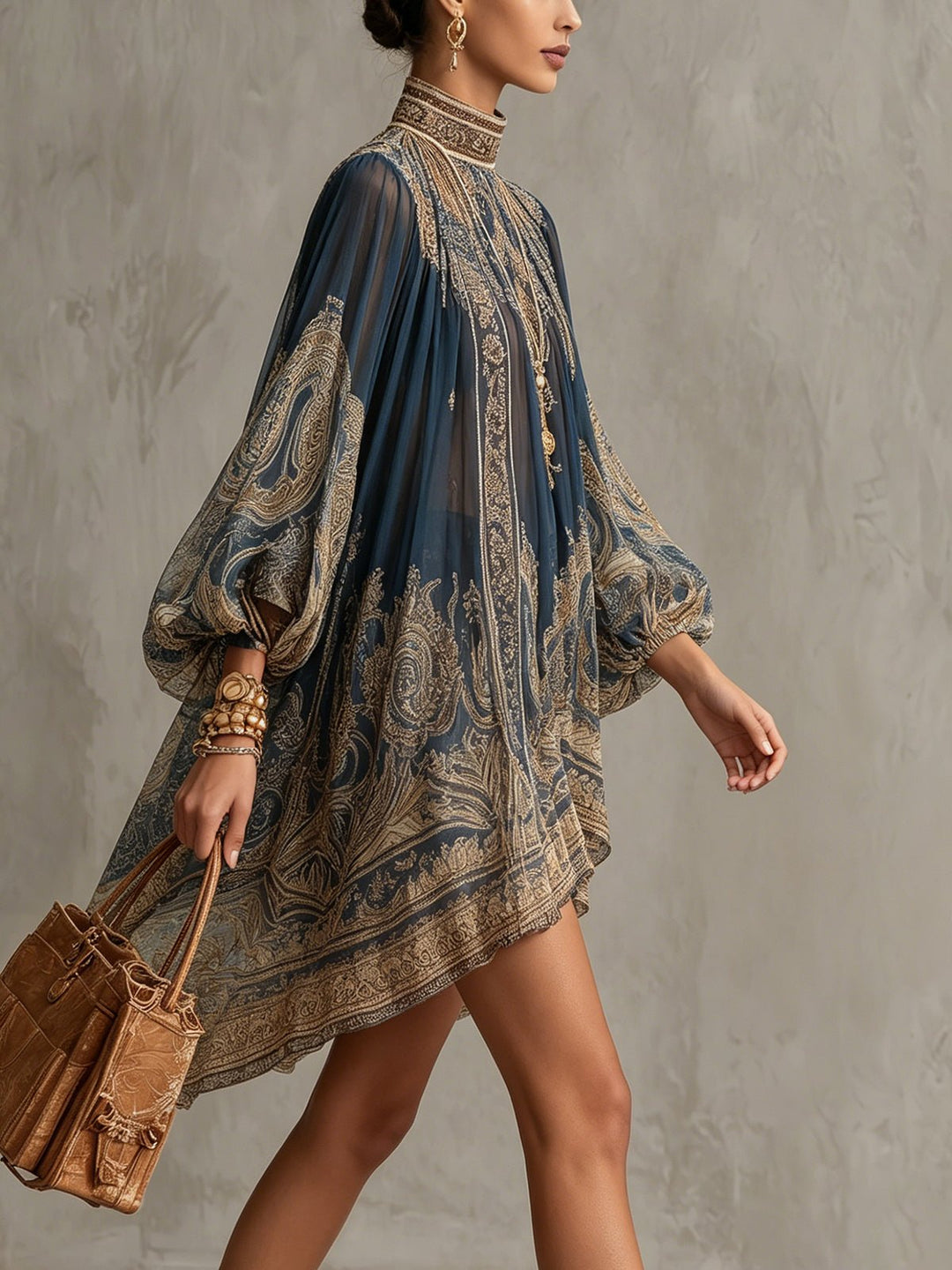 Damen Barock Chiffon Hochkragen Minikleid mit weiten Ärmeln