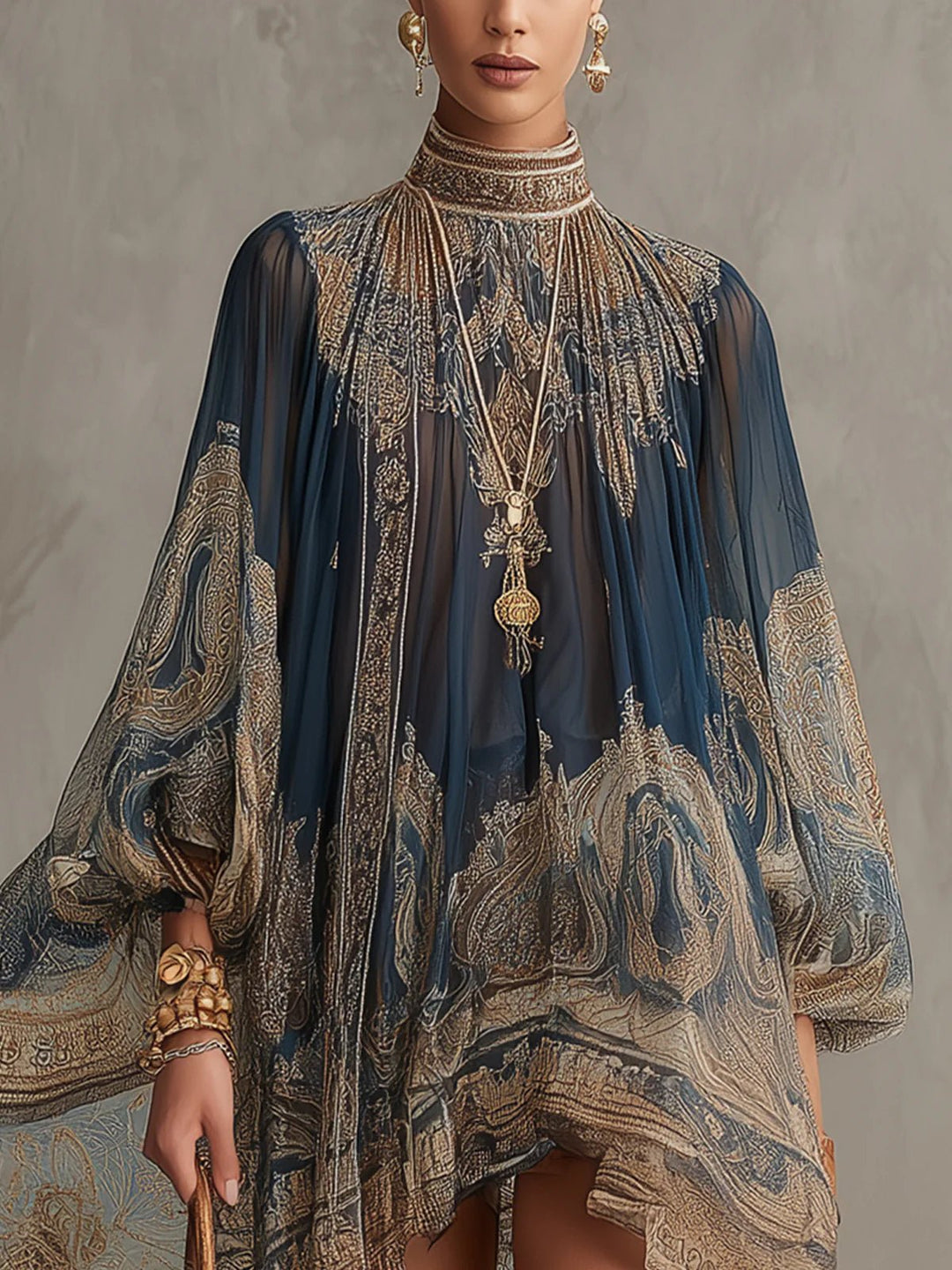 Damen Barock Chiffon Hochkragen Minikleid mit weiten Ärmeln