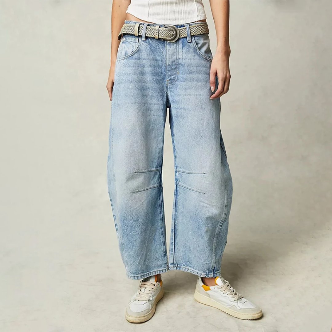 Damen Barrel-Leg Jeans Cropped Mid-Rise Denim - Light Blue