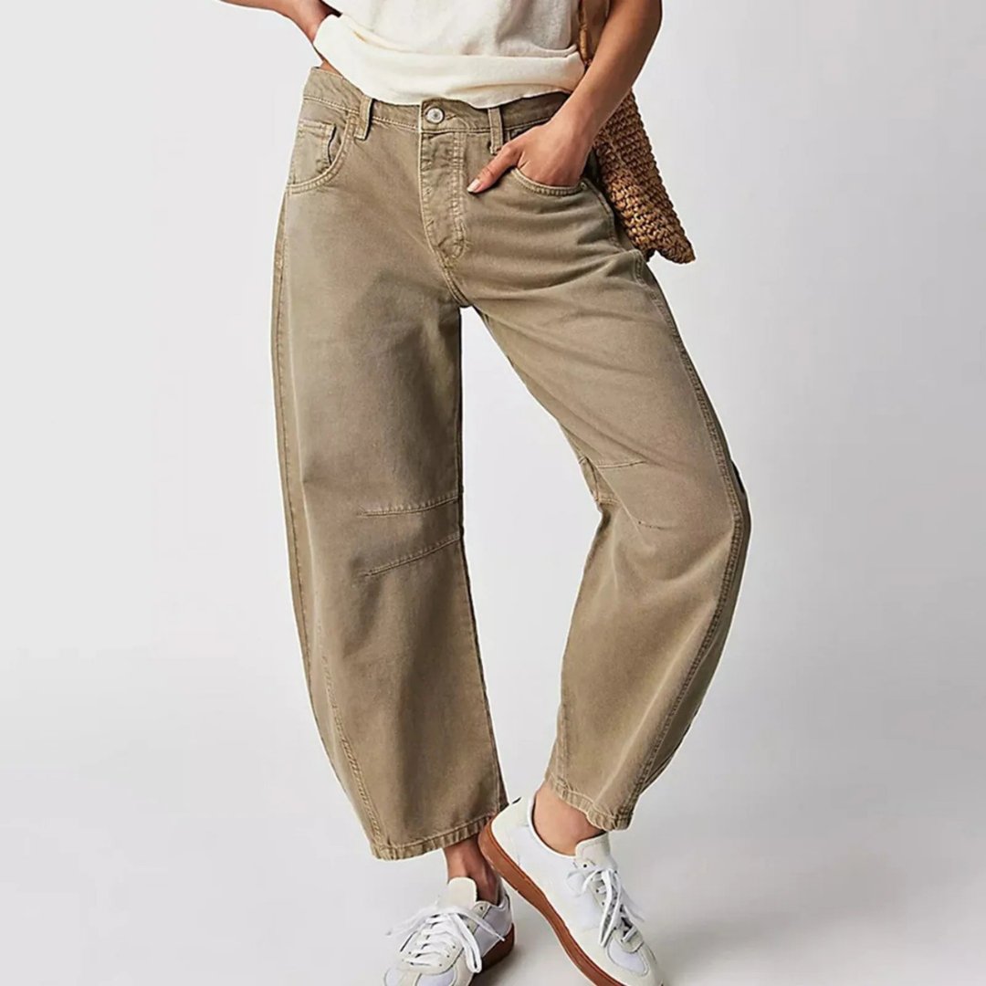 Damen Barrel-Leg Jeans Cropped Mid-Rise Denim - Khaki