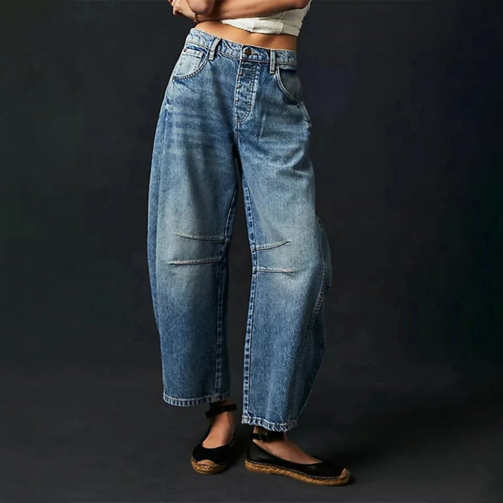Damen Barrel-Leg Jeans Cropped Mid-Rise Denim - Dark Blue