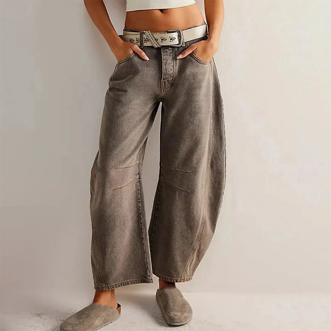 Damen Barrel-Leg Jeans Cropped Mid-Rise Denim - Taupe