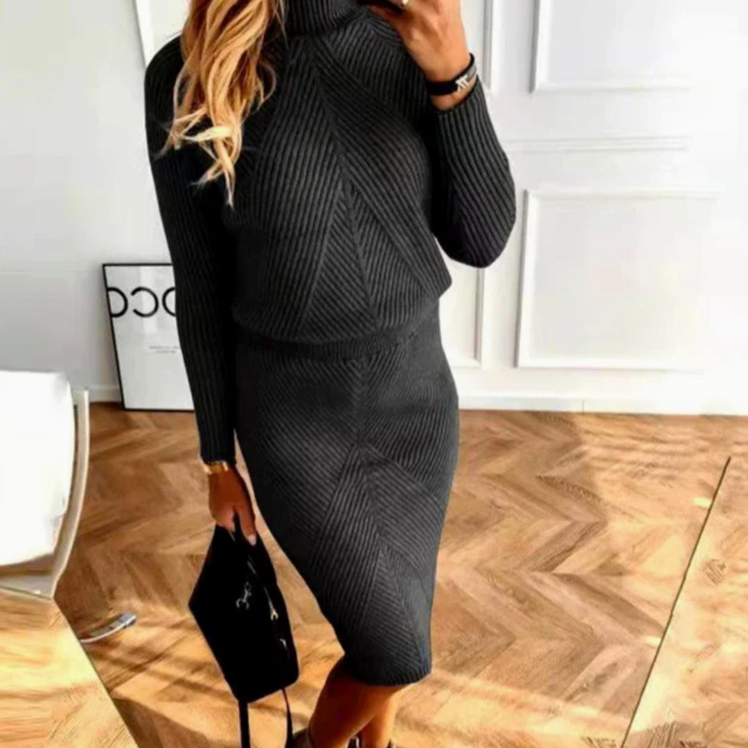 Damen Bequemes Midi-Sweaterkleid mit Rollkragen Langarm Strickkleid - Schwarz