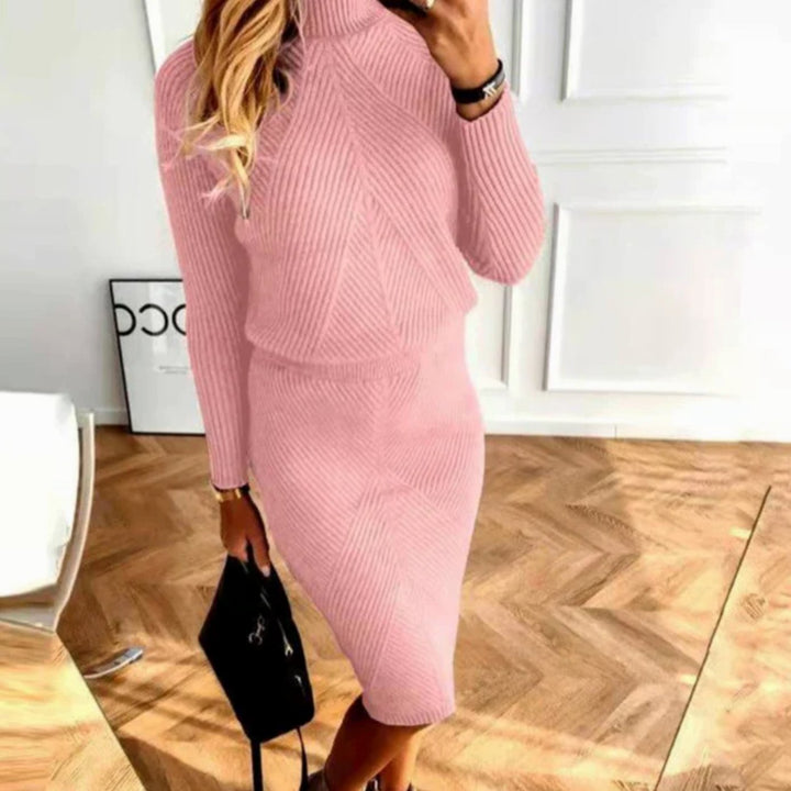 Damen Bequemes Midi-Sweaterkleid mit Rollkragen Langarm Strickkleid - Rosa