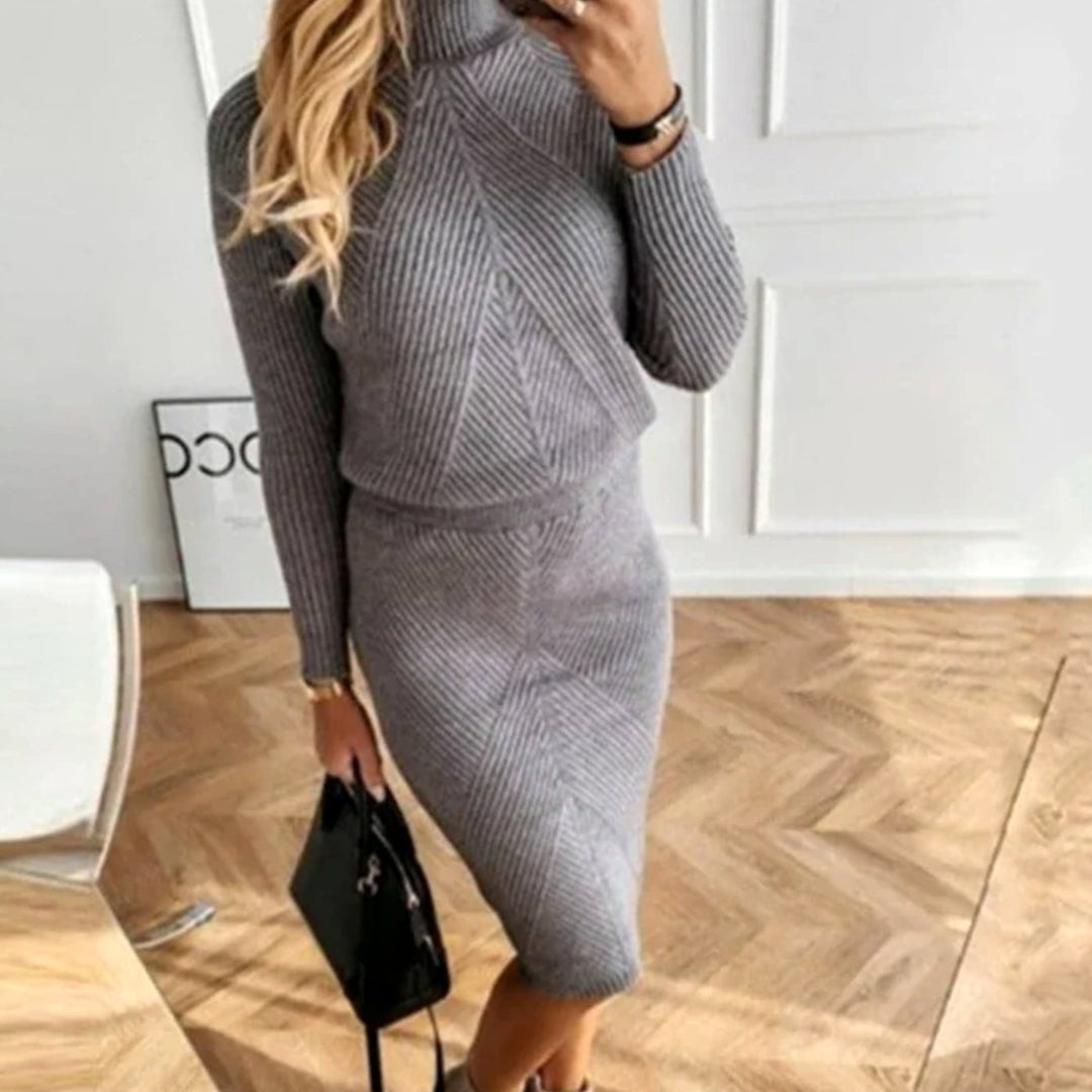 Damen Bequemes Midi-Sweaterkleid mit Rollkragen Langarm Strickkleid - Grau
