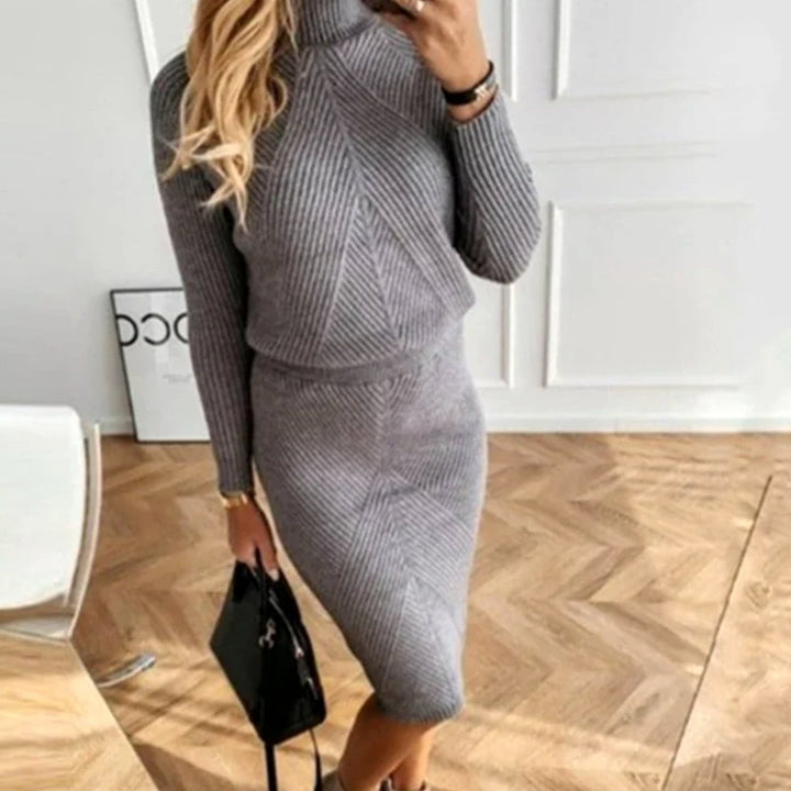 Damen Bequemes Midi-Sweaterkleid mit Rollkragen Langarm Strickkleid - Grau