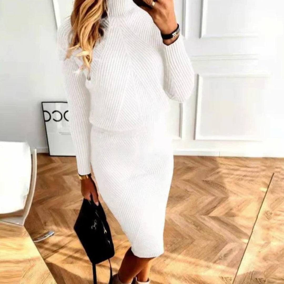 Damen Bequemes Midi-Sweaterkleid mit Rollkragen Langarm Strickkleid - Weiß