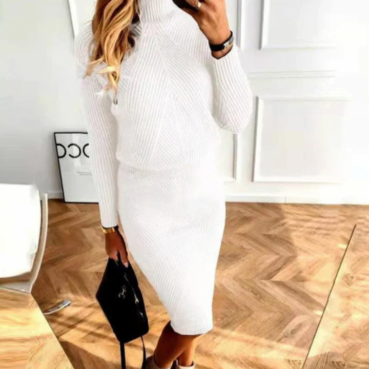 Damen Bequemes Midi-Sweaterkleid mit Rollkragen Langarm Strickkleid - Weiß