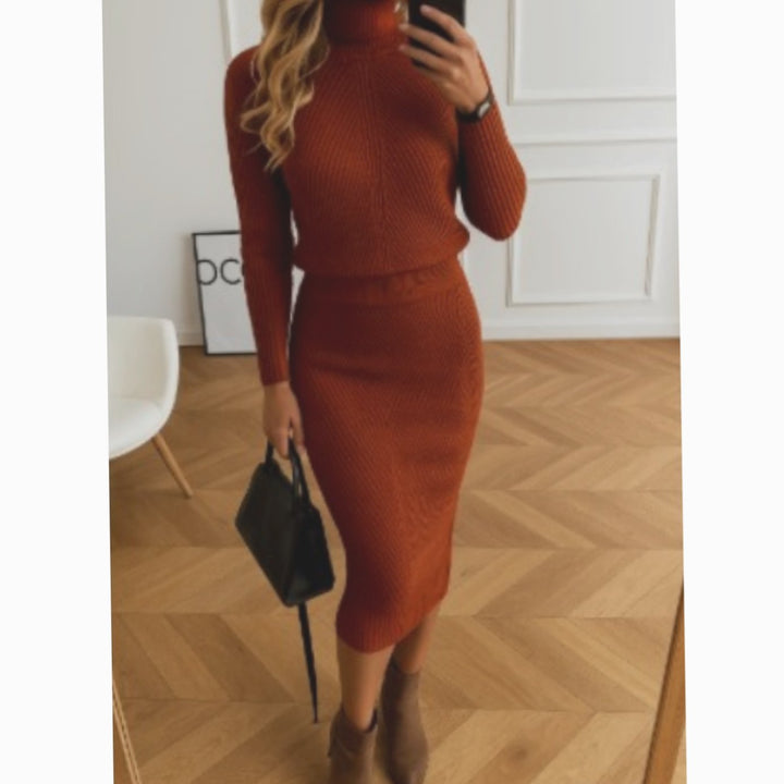 Damen Bequemes Midi-Sweaterkleid mit Rollkragen Langarm Strickkleid