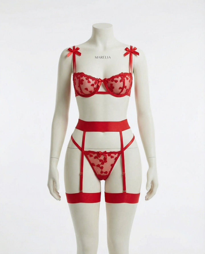 Damen Besticktes Mesh Dessous Set mit Strumpfhaltergürtel