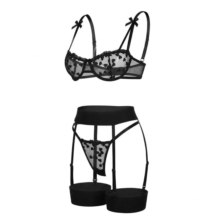 Damen Besticktes Mesh Dessous Set mit Strumpfhaltergürtel - Black