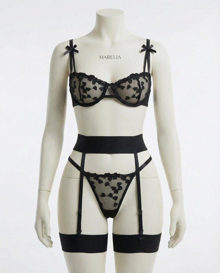 Damen Besticktes Mesh Dessous Set mit Strumpfhaltergürtel