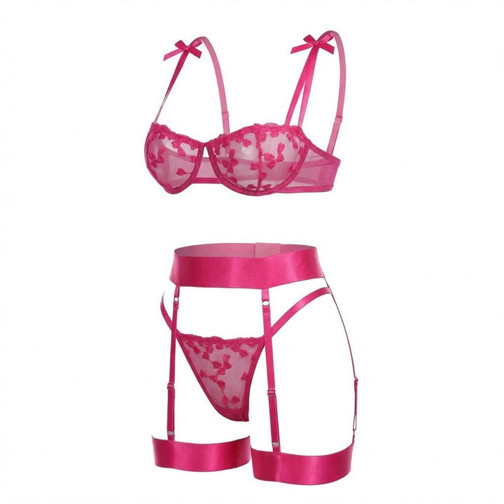 Damen Besticktes Mesh Dessous Set mit Strumpfhaltergürtel - Fuchsia pink