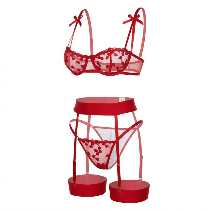 Damen Besticktes Mesh Dessous Set mit Strumpfhaltergürtel - Red