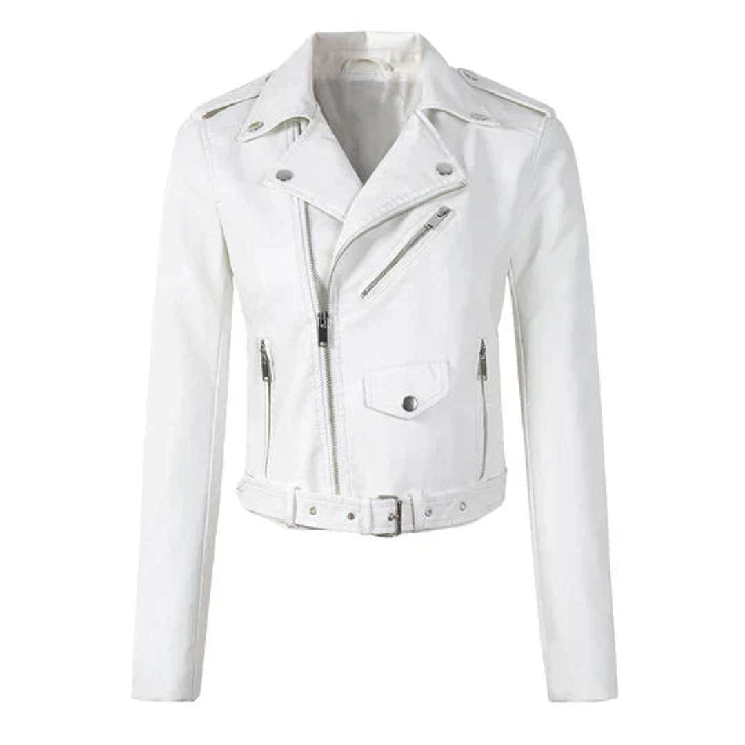 Damen Bikerjacke Kunstleder Cropped Leather Jacket mit Reißverschluss - Weiß