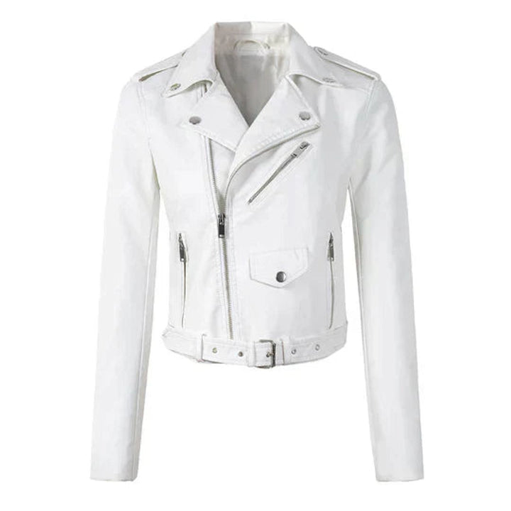 Damen Bikerjacke Kunstleder Cropped Leather Jacket mit Reißverschluss - Weiß