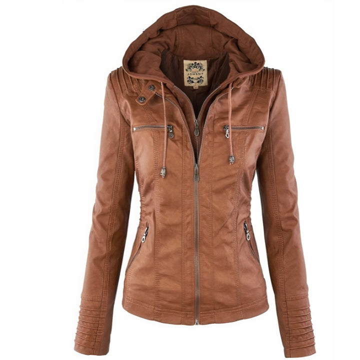 Damen Bikerjacke Kunstleder Lederjacke mit abnehmbarer Kapuze - Braun