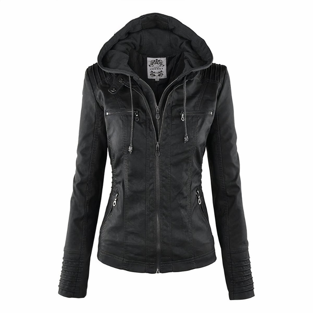 Damen Bikerjacke Kunstleder Lederjacke mit abnehmbarer Kapuze - Schwarz
