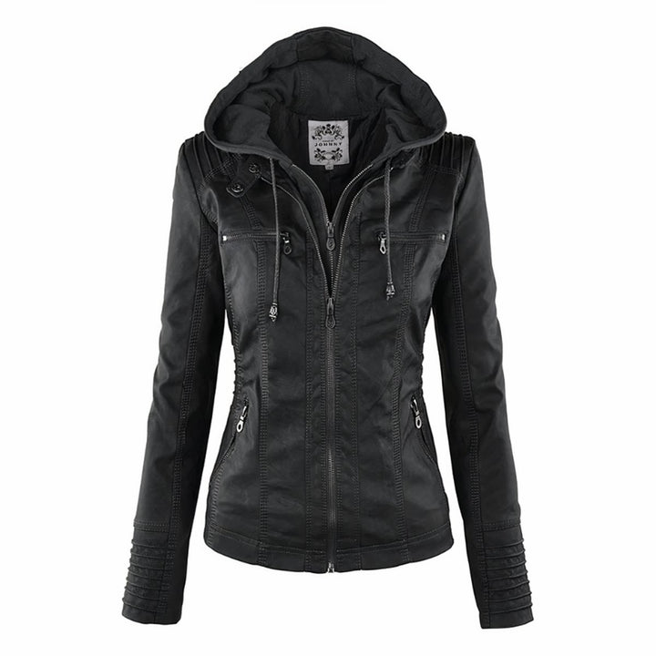 Damen Bikerjacke Kunstleder Lederjacke mit abnehmbarer Kapuze - Schwarz