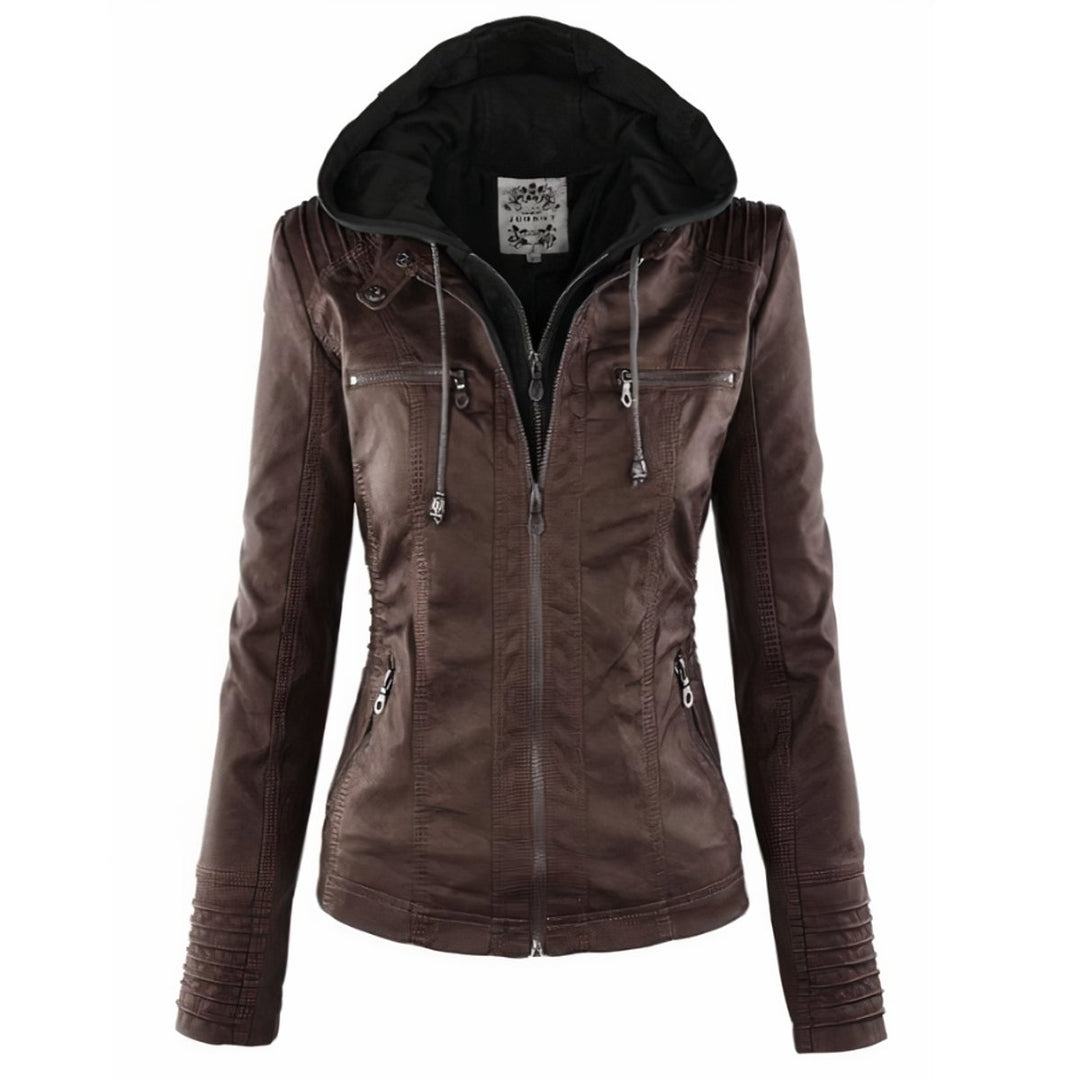 Damen Bikerjacke Kunstleder Lederjacke mit abnehmbarer Kapuze - Dunkelbraun