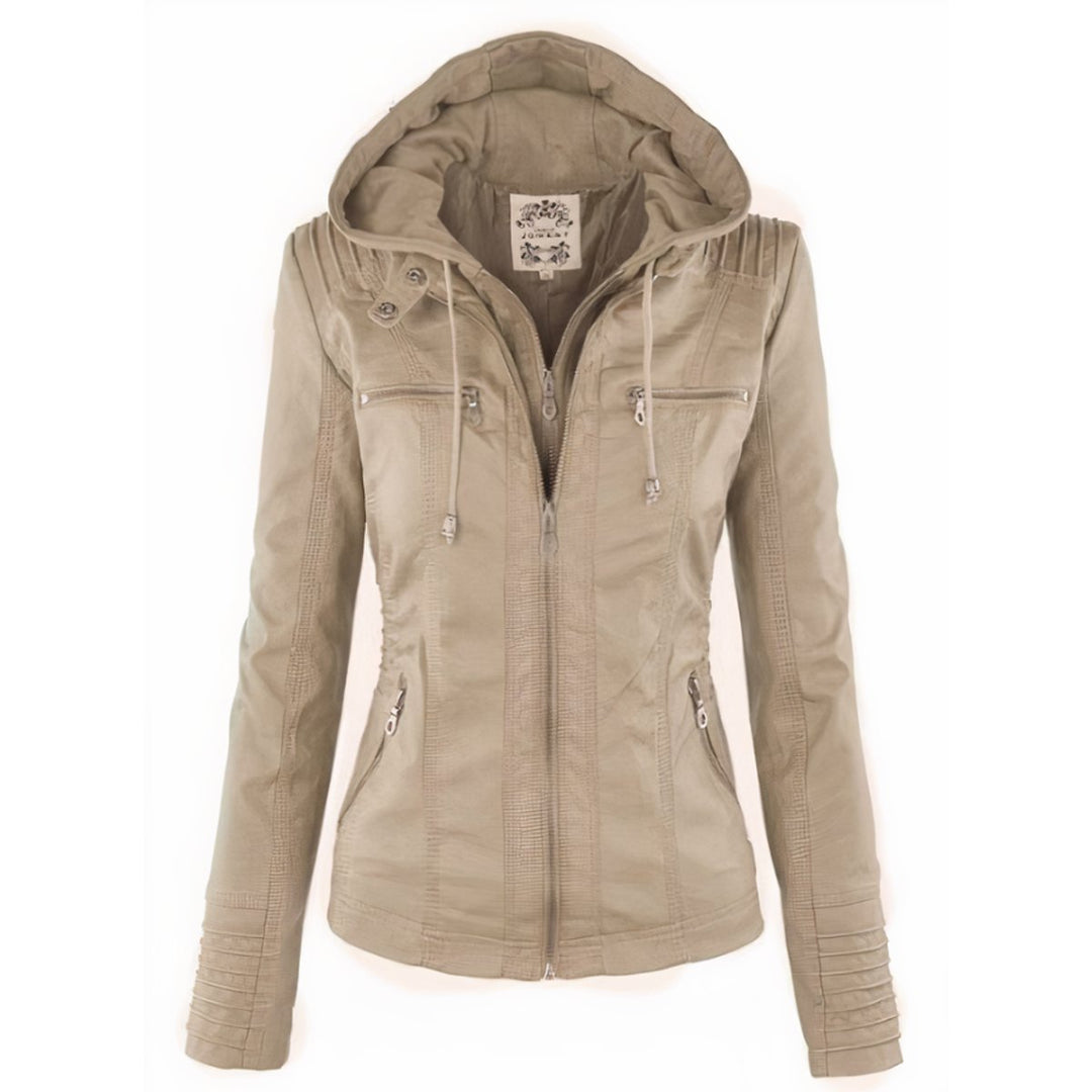 Damen Bikerjacke Kunstleder Lederjacke mit abnehmbarer Kapuze - Beige