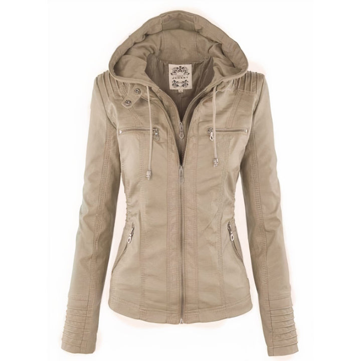 Damen Bikerjacke Kunstleder Lederjacke mit abnehmbarer Kapuze - Beige
