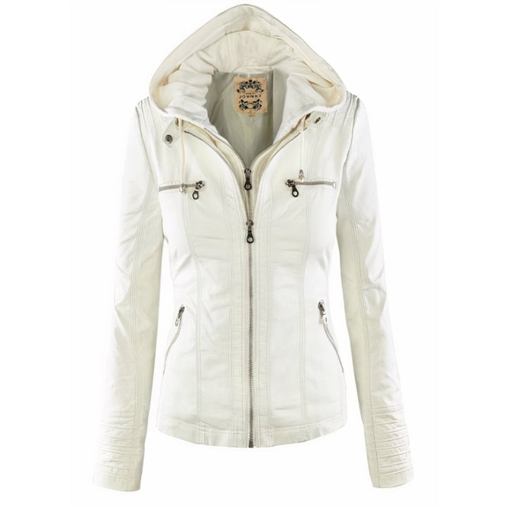 Damen Bikerjacke Kunstleder Lederjacke mit abnehmbarer Kapuze - Weiß
