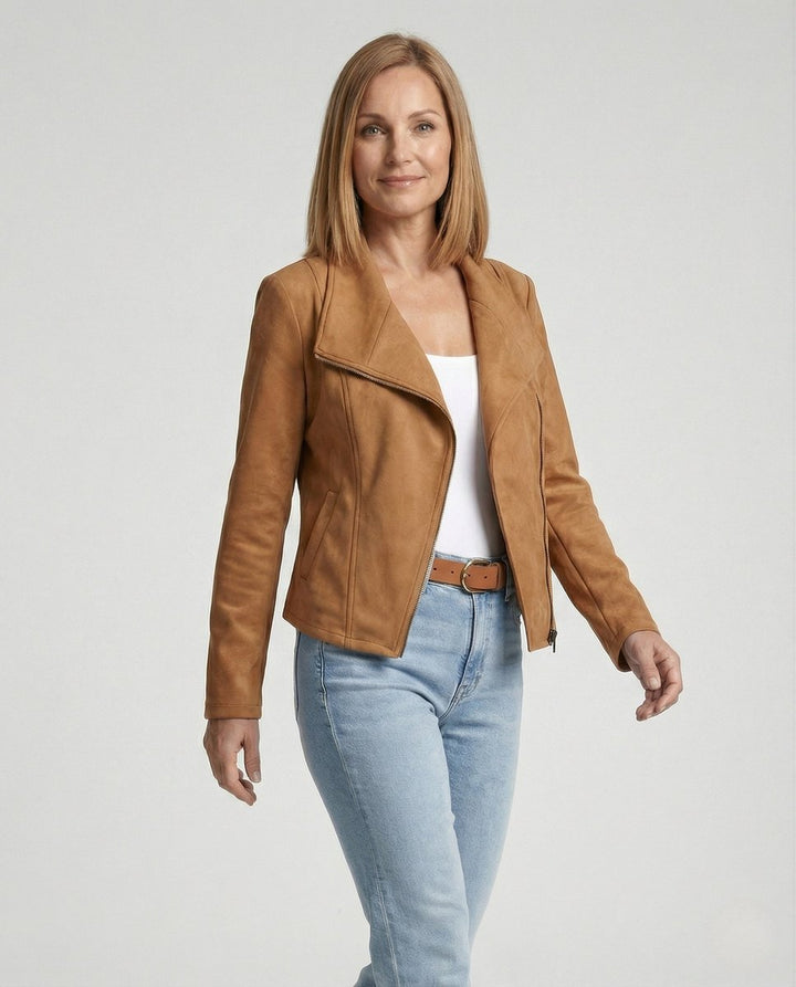 Damen Bikerjacke Lederjacke im Wildleder-Look taillierter Schnitt