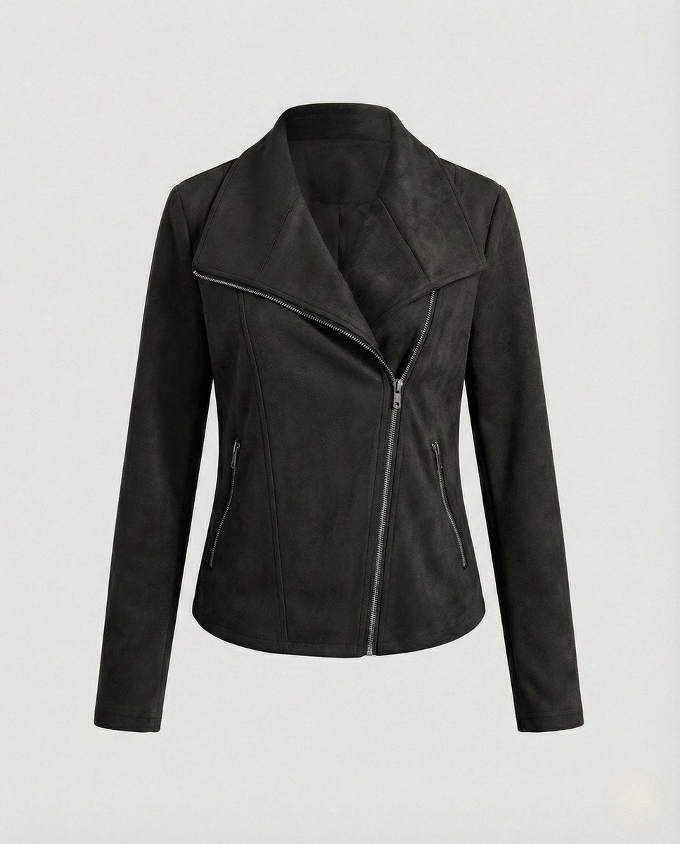 Damen Bikerjacke Lederjacke im Wildleder-Look taillierter Schnitt - Schwarz