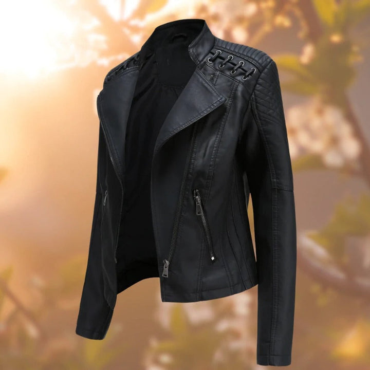 Damen Bikerjacke Lederjacke mit Reißverschluss tailliert - Schwarz