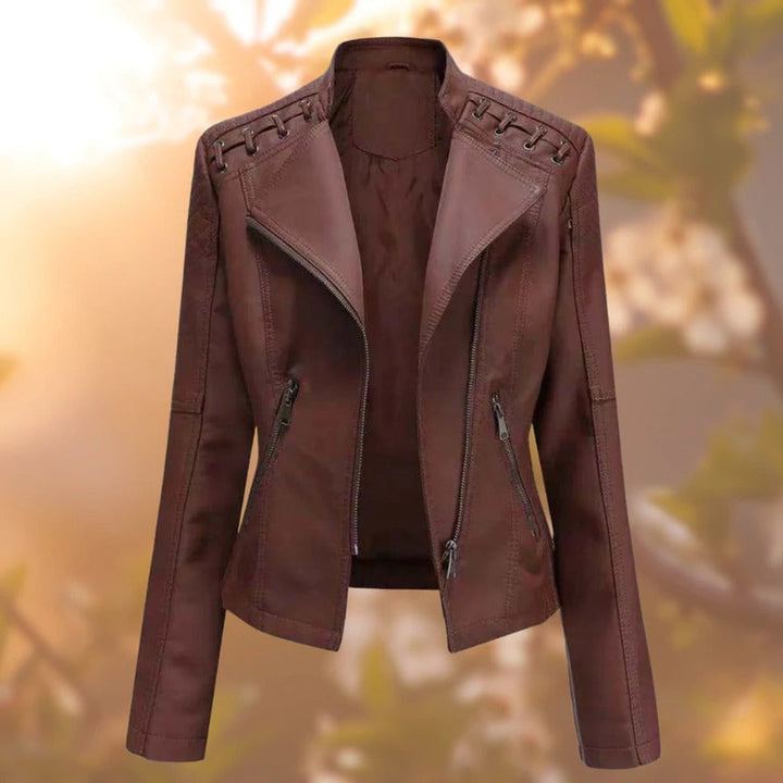Damen Bikerjacke Lederjacke mit Reißverschluss tailliert - Dunkelbraun