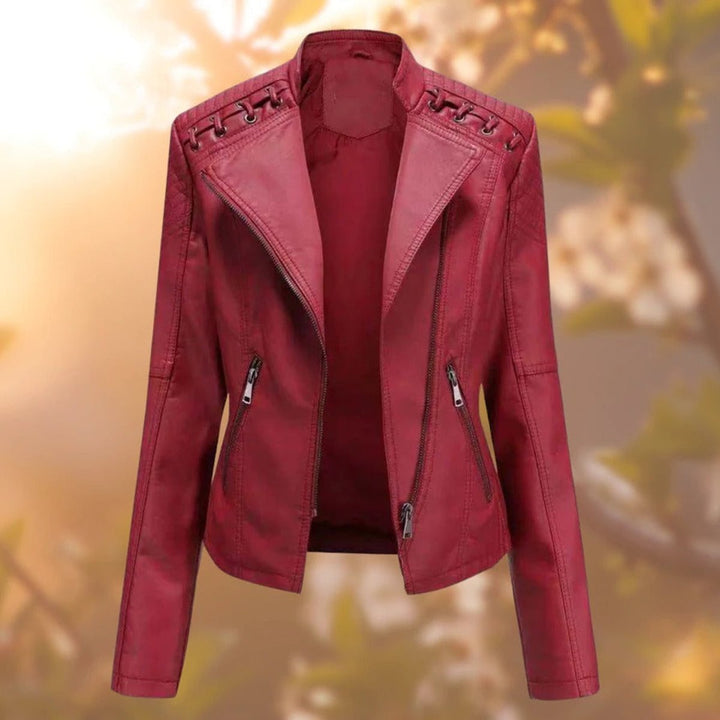 Damen Bikerjacke Lederjacke mit Reißverschluss tailliert - Dunkelrot